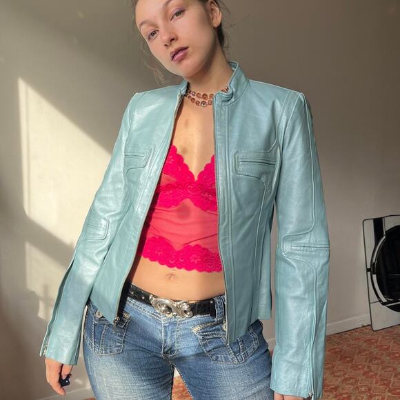 Y2K baby blue metallic leather leather jacket